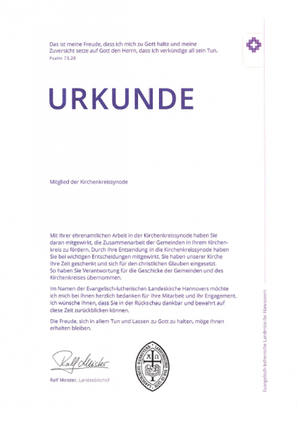 Urkunde "Mitglieder Kirchenkreissynode"